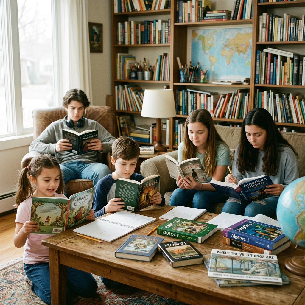 Five children sitting and reading books in a room with bookshelves and a globe
