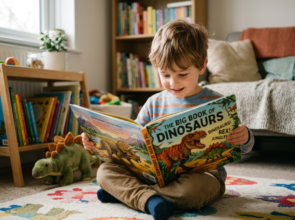A young boy sitting cross-legged on a carpet reading a dinosaur book titled The Big Book of Dinosaurs
