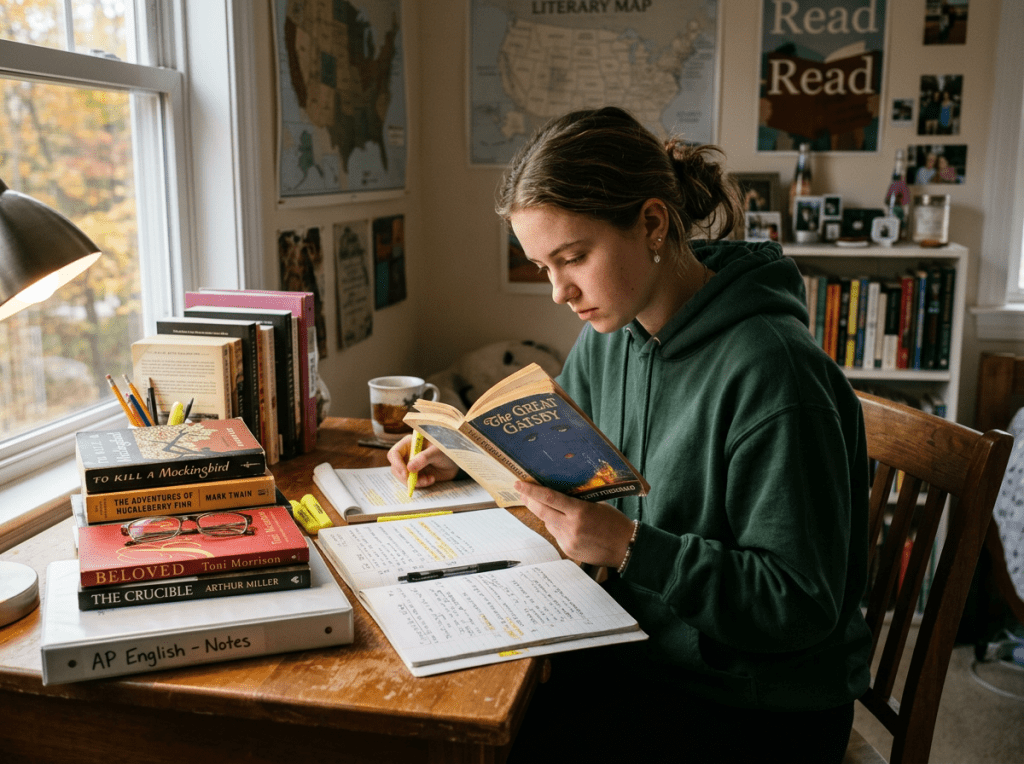 Teen studying American literature books at desk