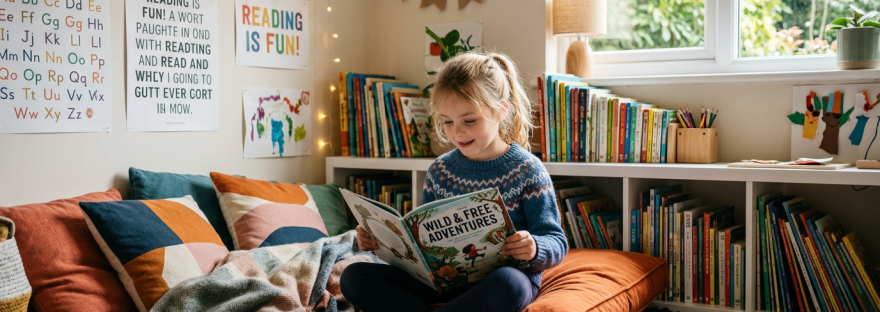 Child sitting on cushion reading 'Wild & Free Adventures' book in a bright reading nook