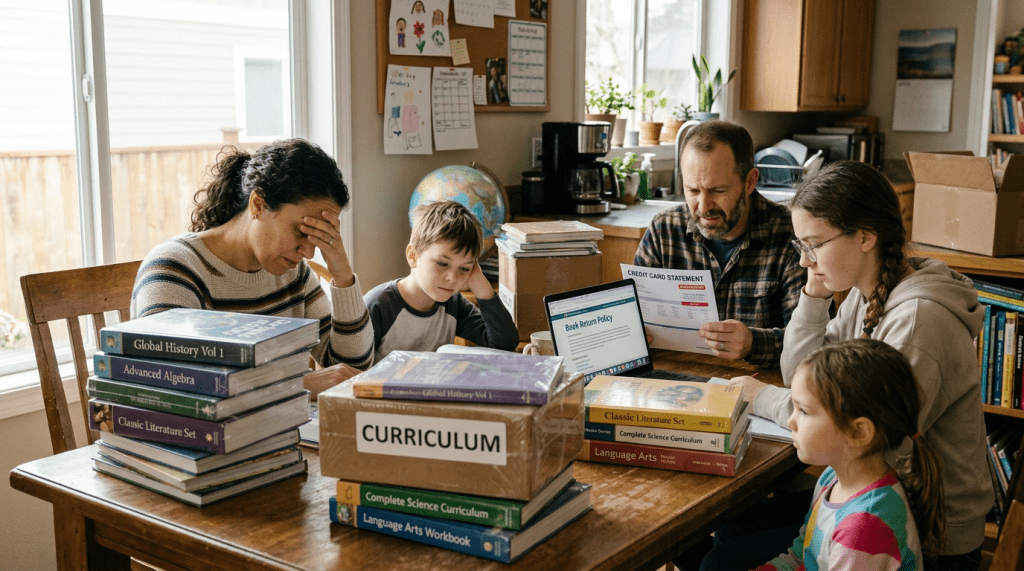 Family sitting around a table studying with books and laptop