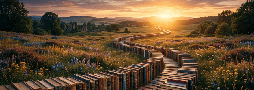 A winding path constructed from rows of books leads through a colorful flower-filled meadow towards a setting sun