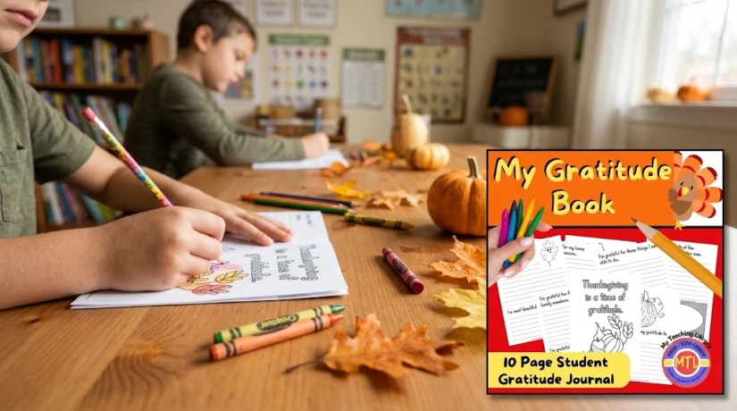 A close-up of two children writing in their gratitude journals at a wooden table. Colorful crayons and autumn leaves decorate the surface. The journal features a cover titled 'My Gratitude Book' with illustrations.