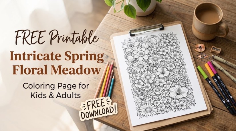 A free printable coloring page featuring an intricate design of a spring floral meadow, displayed on a wooden table with colored pencils and a coffee cup.